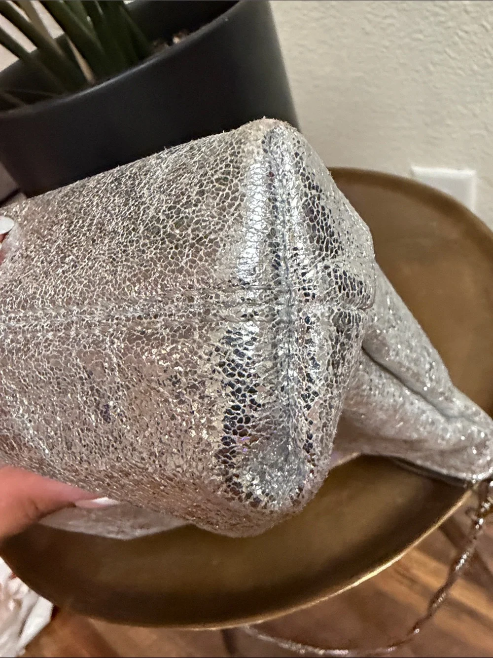 Zara Metallic Silver Foil Crossbody Bag Pearl Bumblebee Accent Cottagecore Glam